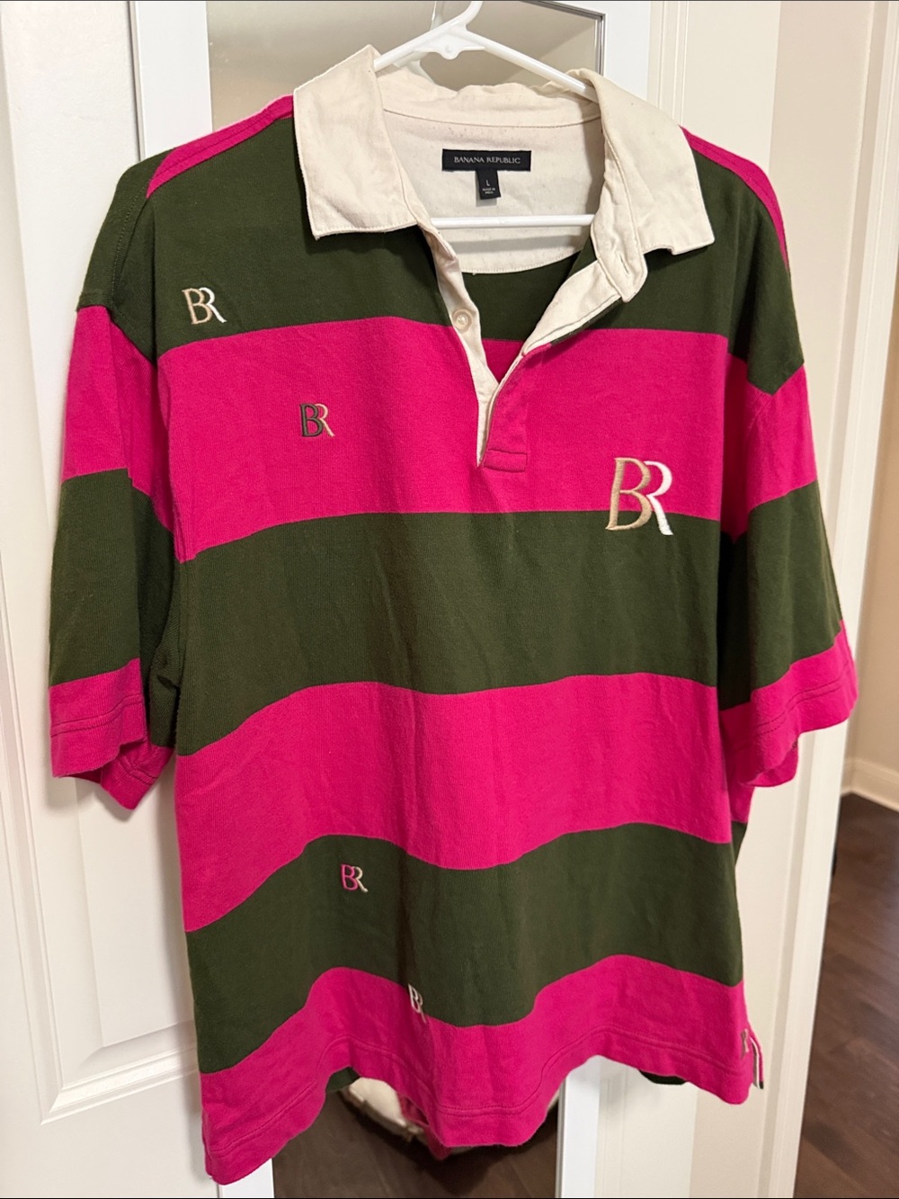 Banana Republic Men's Pink & Olive Green Striped Rugby Polo